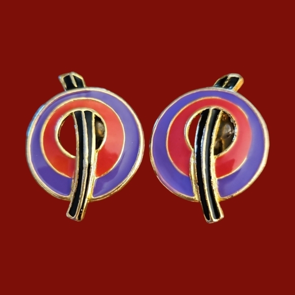 Vintage 1990s Funky Spaceage Atomic Cloisonne Bullseye Clip-on Earrings - Picture 1 of 5